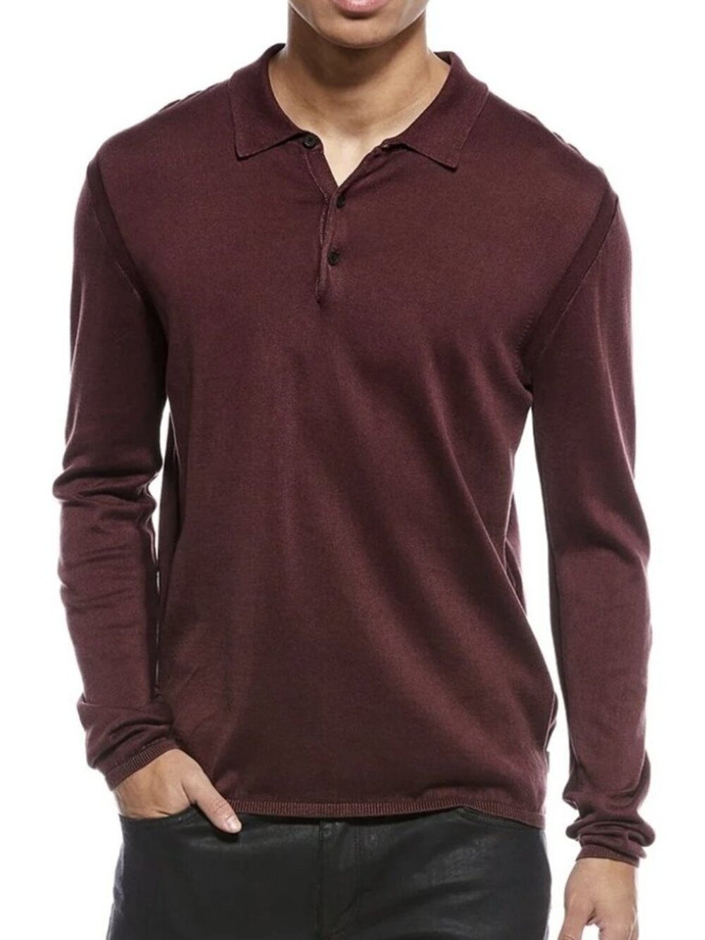 John Varvatos Collection Men's Dune Sweater Polo Garment Washed Knit Dark Plum